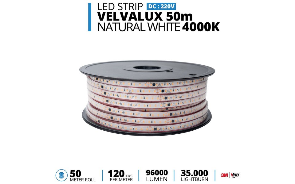 Velvalux Dimbare LED Strip 50m - Natuurlijk Wit 4000K - Waterdicht IP67