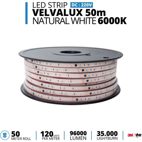Velvalux Dimbare LED Strip 50m - Helder Koud Wit 6000K, Waterdicht IP67 Velvalux Dimbare LED Strip 50m - Helder Koud Wit 6000K, Waterdicht IP67