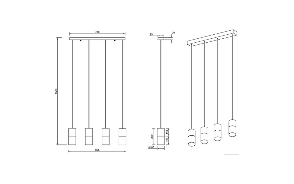 HLW LED Zwarte LED Hanglamp met Glas - Trion Roba 4-lichts Rechthoek, E27 fitting