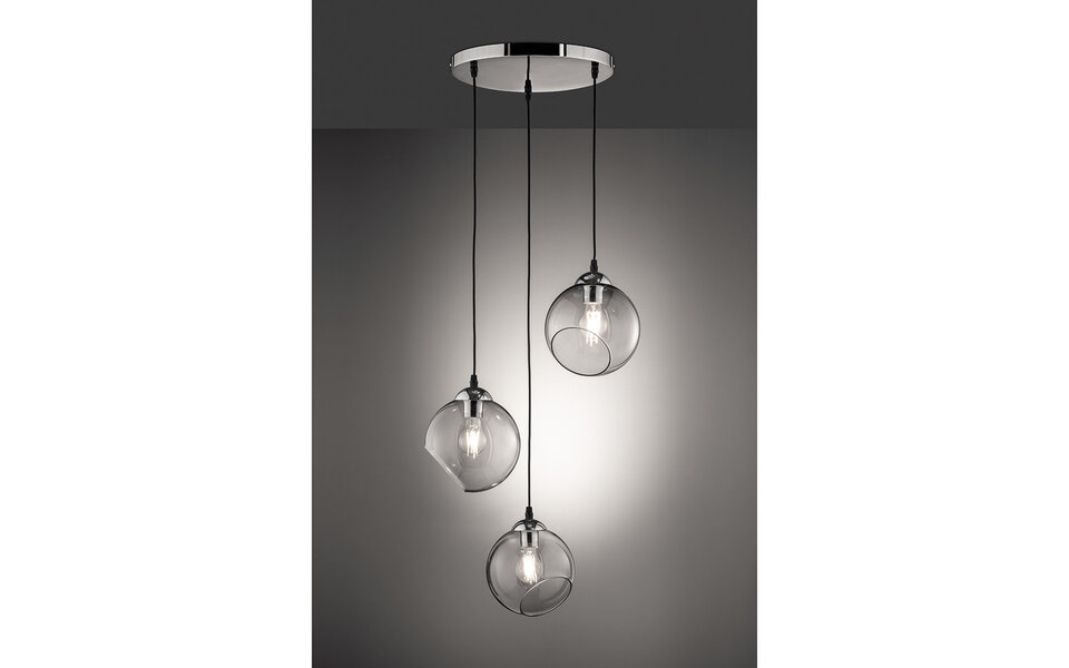 HLW LED LED Hanglamp Trion Klino - 3-lichts, Mat Chroom, Rookkleurig Glas, E27