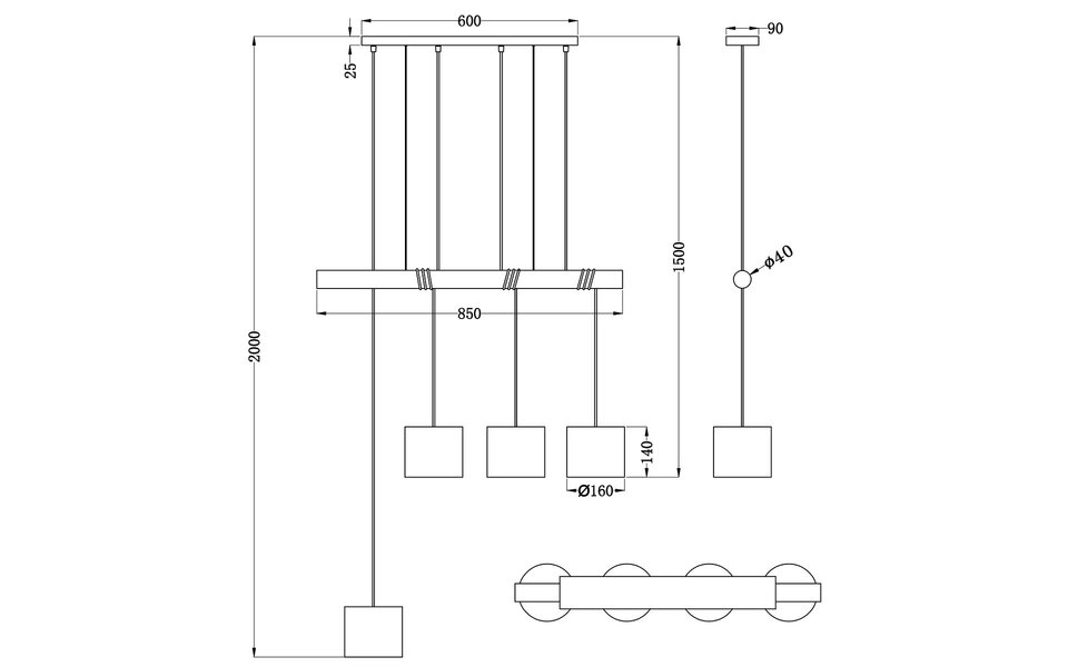 HLW LED LED Hanglamp Trion Oden - Mat Zwarte LED Hanglamp 4-lichts met E27 Fitting HLW LED LED Hanglamp Trion Oden - Mat Zwarte LED Hanglamp 4-lichts met E27 Fitting