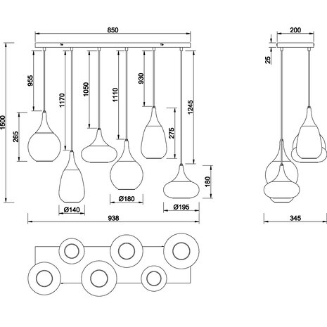 HLW LED LED Hanglamp Trion Artina - Mat Zwarte Metalen LED Hanglamp met 6 Lichtpunten