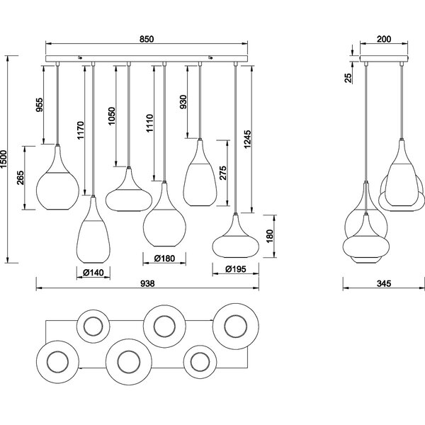 HLW LED LED Hanglamp Trion Artina - Mat Zwarte Metalen LED Hanglamp met 6 Lichtpunten