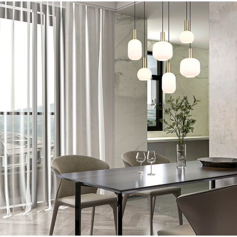 HLW LED Moderne Metalen LED Hanglamp met Wit Glas & Mat Messing - 6 Lichtpunten HLW LED Moderne Metalen LED Hanglamp met Wit Glas & Mat Messing - 6 Lichtpunten