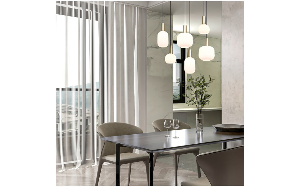 HLW LED Moderne Metalen LED Hanglamp met Wit Glas & Mat Messing - 6 Lichtpunten