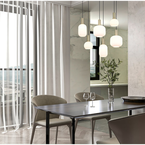 HLW LED Moderne Metalen LED Hanglamp met Wit Glas & Mat Messing - 6 Lichtpunten HLW LED Moderne Metalen LED Hanglamp met Wit Glas & Mat Messing - 6 Lichtpunten