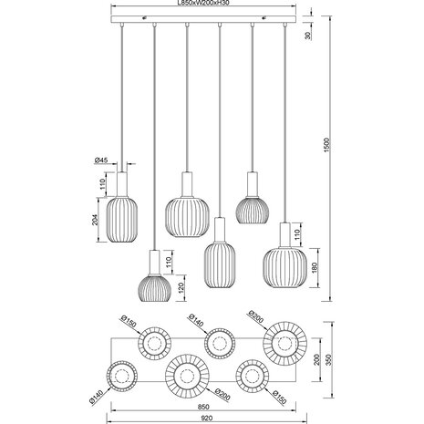 HLW LED Zwarte Metalen LED Hanglamp met Glas - 6x E27 LED Lampen, Modern Design HLW LED Zwarte Metalen LED Hanglamp met Glas - 6x E27 LED Lampen, Modern Design