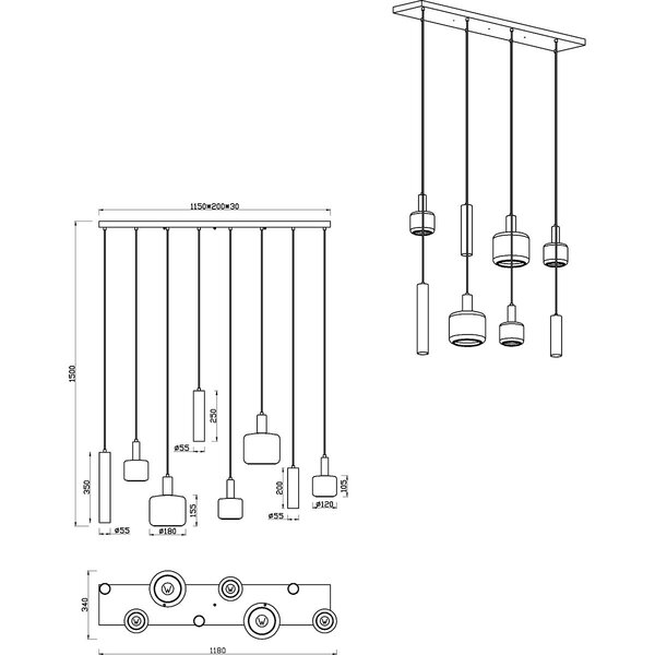HLW LED Moderne zwarte LED hanglamp Trion Marat - 8-lichts metalen design HLW LED Moderne zwarte LED hanglamp Trion Marat - 8-lichts metalen design