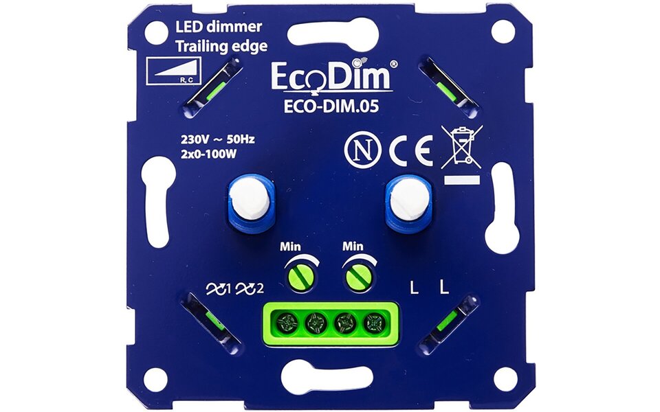 EcoDim EcoDim LED DUO Dimmer 2x0–100W – inbouw & opbouw EcoDim EcoDim LED DUO Dimmer 2x0–100W – inbouw & opbouw