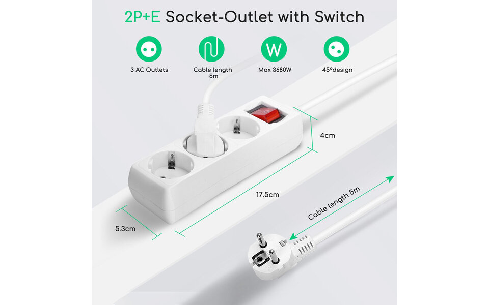 HLW LED Power Strip with Switch, 3 Outlets & 5m Extension Cord - 3680W LED