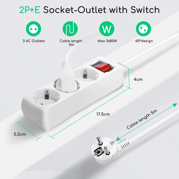 HLW LED Power Strip with Switch, 3 Outlets & 5m Extension Cord - 3680W LED