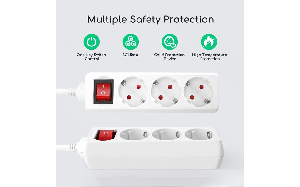 HLW LED Power Strip with Switch, 3 Outlets & 5m Extension Cord - 3680W LED