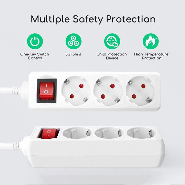 HLW LED Power Strip with Switch, 3 Outlets & 5m Extension Cord - 3680W LED