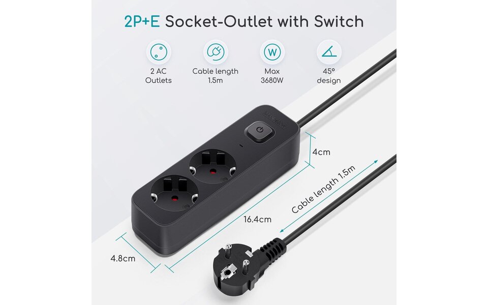 HLW LED Aigi Quino Power Strip with Switch - 3680W LED Accessories, 3m Extension Cord