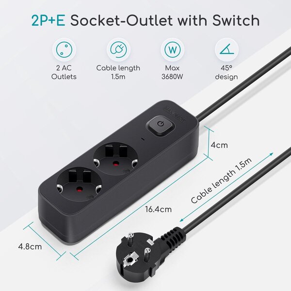 HLW LED Aigi Quino Power Strip with Switch - 3680W LED Accessories, 3m Extension Cord