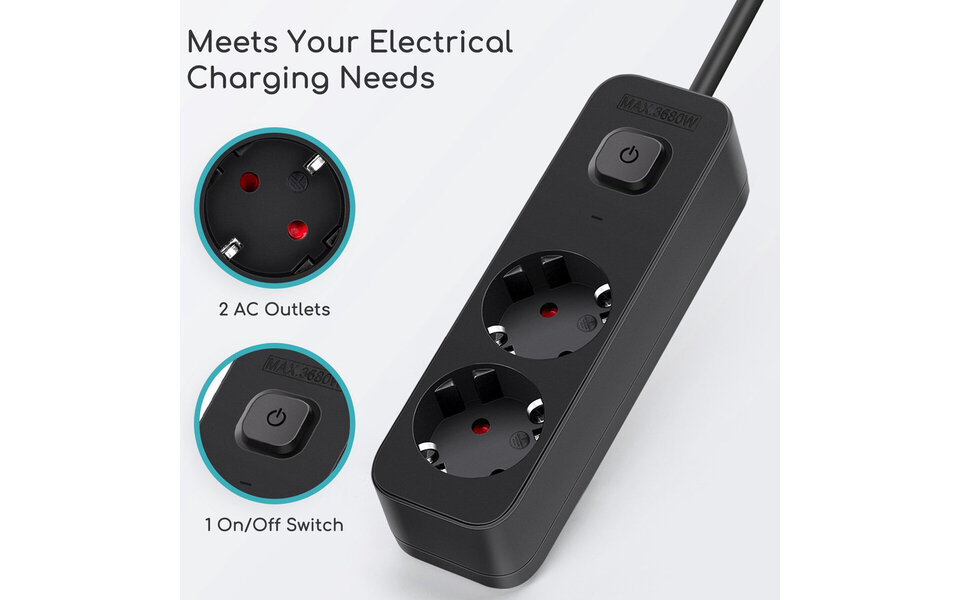 HLW LED Aigi Quino Power Strip with Switch - 3680W LED Accessories, 3m Extension Cord