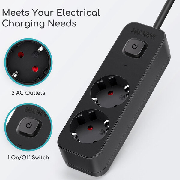 HLW LED Aigi Quino Power Strip with Switch - 3680W LED Accessories, 3m Extension Cord