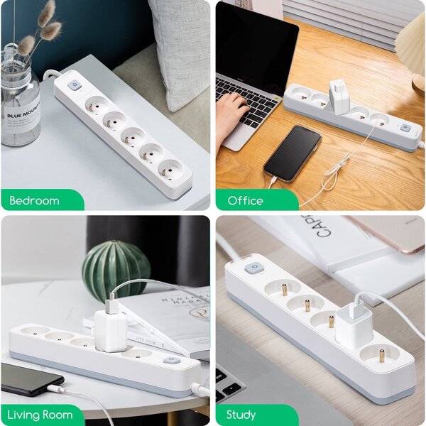 HLW LED Aigi Anzim Power Strip with Switch 2300W - 5 Outlets, 5m Extension Cord White