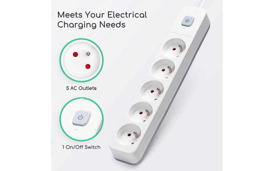 HLW LED Aigi Anzim Power Strip with Switch 2300W - 5 Outlets, 5m Extension Cord White