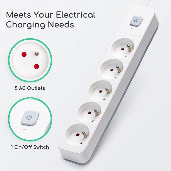 HLW LED Aigi Anzim Power Strip with Switch 2300W - 5 Outlets, 5m Extension Cord White