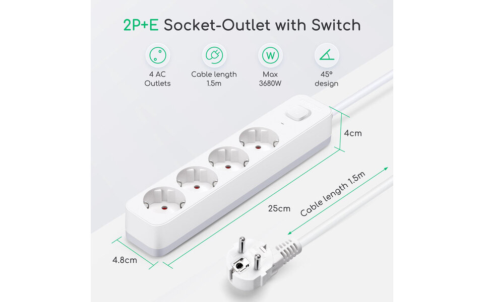 HLW LED Stekkerdoos met Schakelaar - 3680W LED Toebehoren, 4 Stopcontacten & 1.5m Verlengsnoer