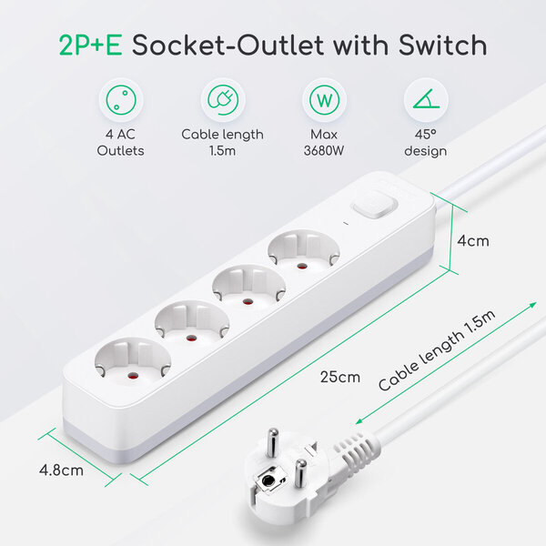 HLW LED Power Strip with Switch - 3680W LED Accessories, 4 Outlets & 1.5m Extension Cord
