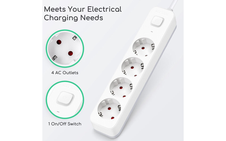 HLW LED Power Strip with Switch - 3680W LED Accessories, 4 Outlets & 1.5m Extension Cord