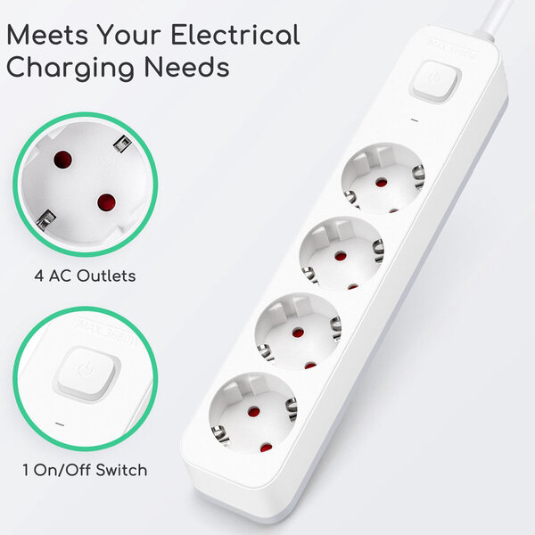 HLW LED Power Strip with Switch - 3680W LED Accessories, 4 Outlets & 1.5m Extension Cord