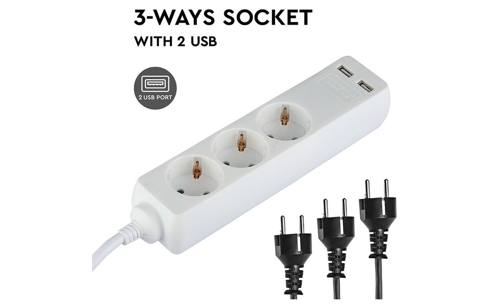 HLW LED Viron Serino Power Strip with USB - 3680W Extension Cord with 3 Outlets