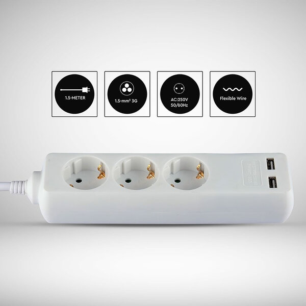 HLW LED Viron Serino Power Strip with USB - 3680W Extension Cord with 3 Outlets
