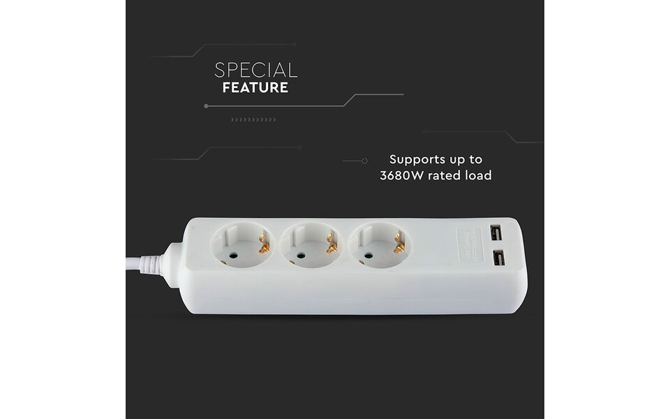 HLW LED Viron Serino Power Strip with USB - 3680W Extension Cord with 3 Outlets