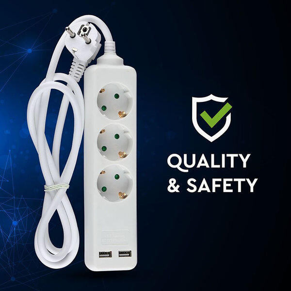 HLW LED Viron Serino Stekkerdoos met USB - 3680W Verlengsnoer met 3 Stopcontacten