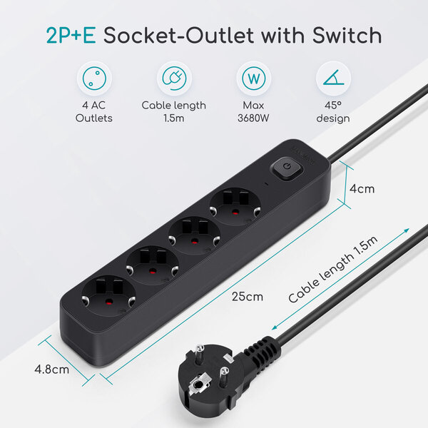 HLW LED Aigi Quino Power Strip with Switch - 4 Outlets, 1.5m Extension Cord, 3680W LED Accessories