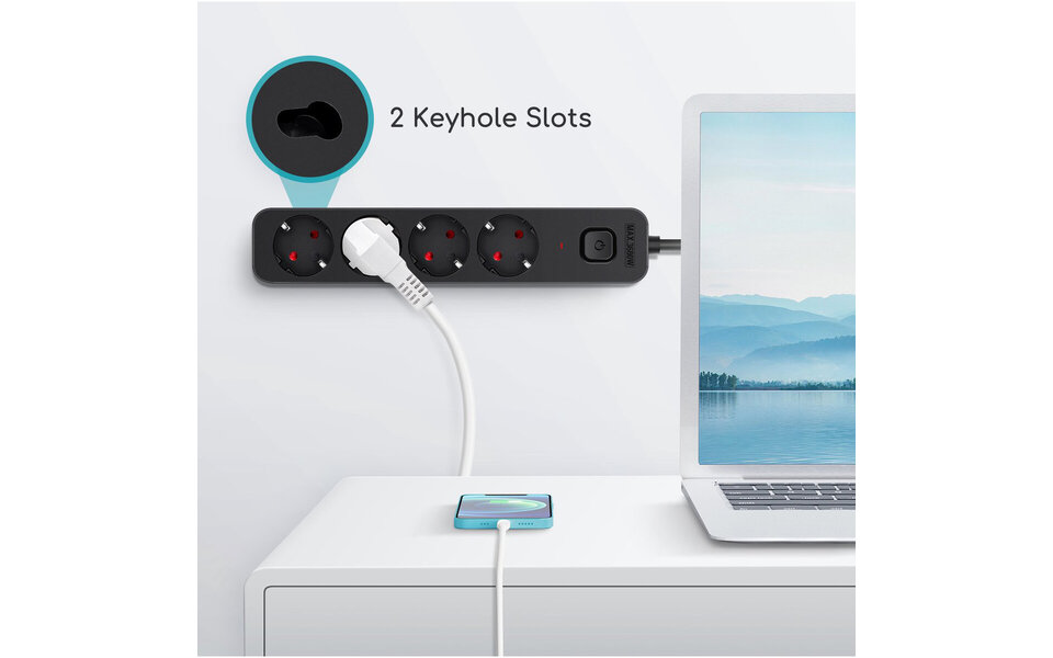 HLW LED Aigi Quino Power Strip with Switch - 4 Outlets, 1.5m Extension Cord, 3680W LED Accessories