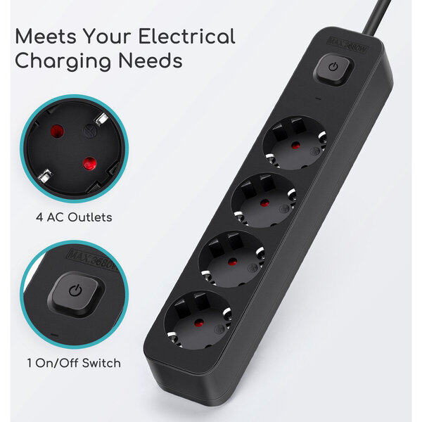 HLW LED Aigi Quino Power Strip with Switch - 4 Outlets, 1.5m Extension Cord, 3680W LED Accessories