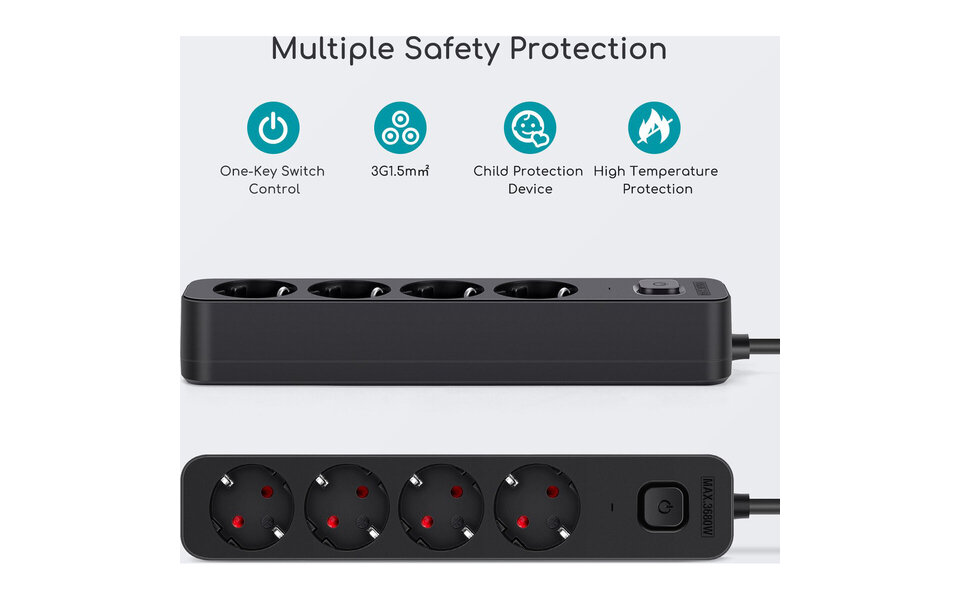 HLW LED Aigi Quino Power Strip with Switch - 4 Outlets, 1.5m Extension Cord, 3680W LED Accessories
