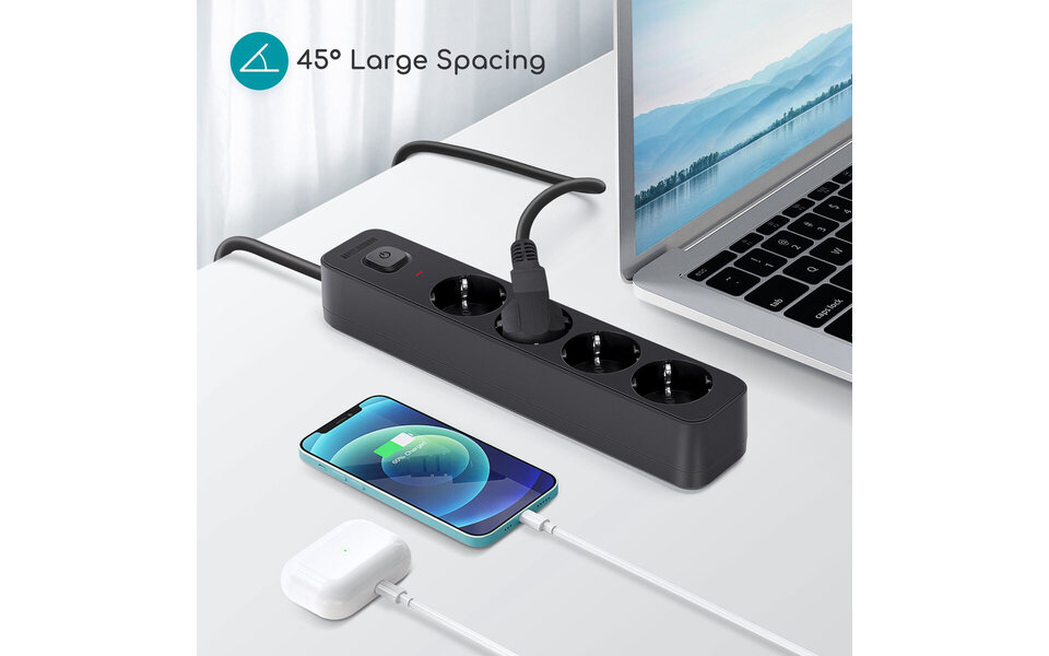 HLW LED Aigi Quino Power Strip with Switch - 4 Outlets, 1.5m Extension Cord, 3680W LED Accessories