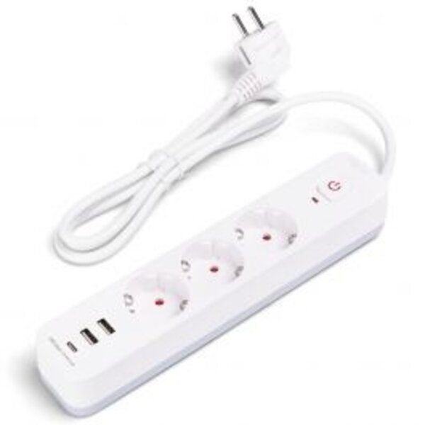 HLW LED Aigi Stekkerdoos met USB - Verlengsnoer met 3 Stopcontacten, 2 USB-A & 1 USB-C