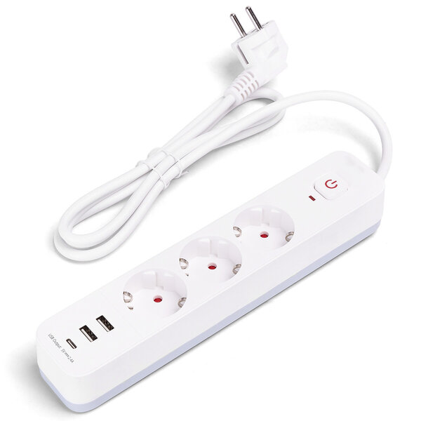 HLW LED Aigi Stekkerdoos met USB - Verlengsnoer met 3 Stopcontacten, 2 USB-A & 1 USB-C