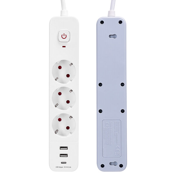HLW LED Aigi Power Strip with USB - Extension Cord with 3 Outlets, 2 USB-A & 1 USB-C