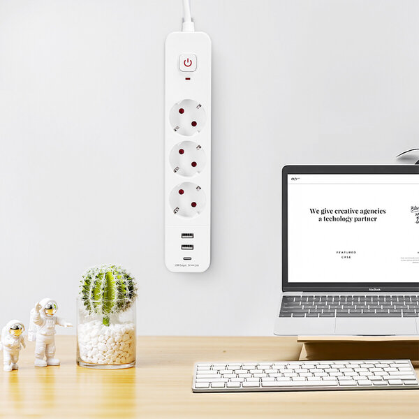 HLW LED Aigi Stekkerdoos met USB - Verlengsnoer met 3 Stopcontacten, 2 USB-A & 1 USB-C