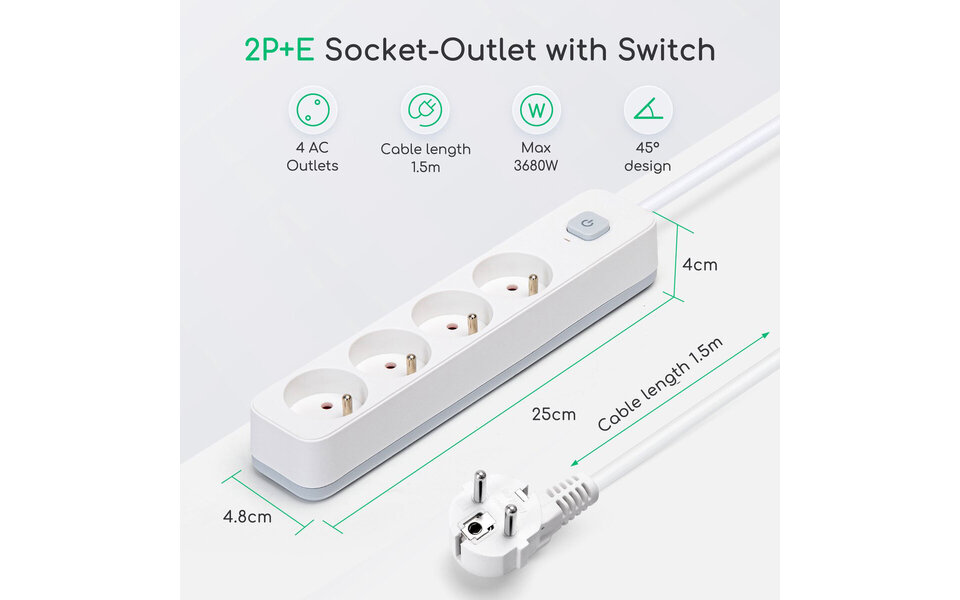 HLW LED Aigi Anzim Stekkerdoos met Schakelaar - 2300W LED Toebehoren, 4 Stopcontacten, 1.5m Verlengsnoer