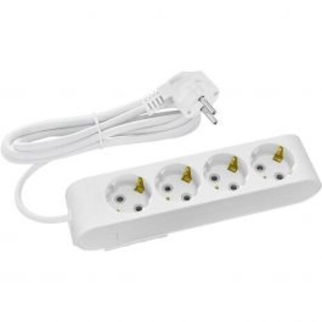 Power strip with extension cord 1.5m - 4 sockets, earth connection & child safety - White | Light cord & plug