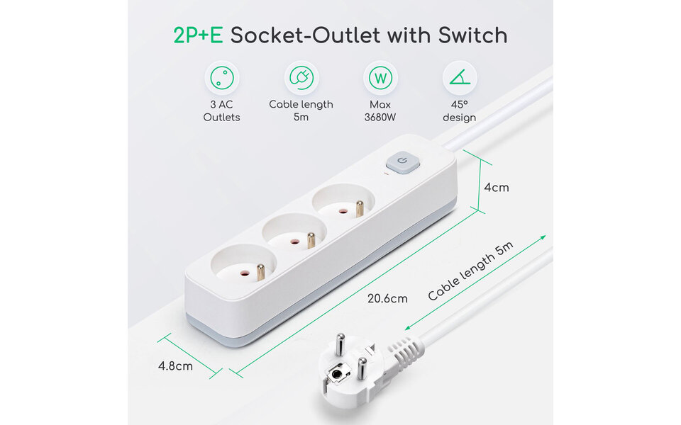 HLW LED Aigi Anzim Stekkerdoos met Schakelaar 2300W - 3 Stopcontacten, 5m Verlengsnoer & Licht Snoer Accessoire HLW LED Aigi Anzim Stekkerdoos met Schakelaar 2300W - 3 Stopcontacten, 5m Verlengsnoer & Licht Snoer Accessoire