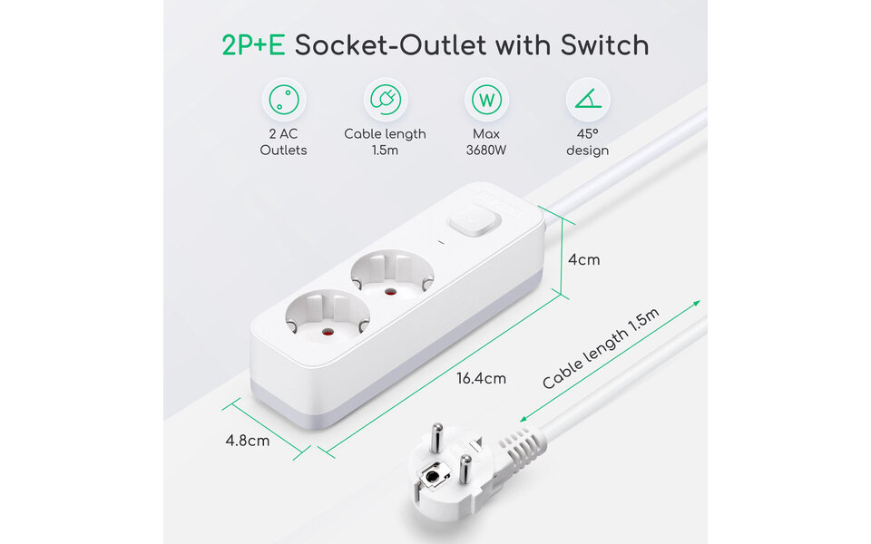 HLW LED Aigi Antris Power Strip with Switch - 3680W LED Accessories, 2 Sockets & 1.5m Extension Cord
