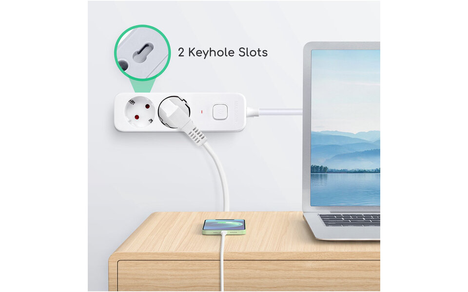 HLW LED Aigi Antris Power Strip with Switch - 3680W LED Accessories, 2 Sockets & 1.5m Extension Cord