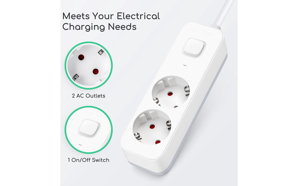 HLW LED Aigi Antris Power Strip with Switch - 3680W LED Accessories, 2 Sockets & 1.5m Extension Cord