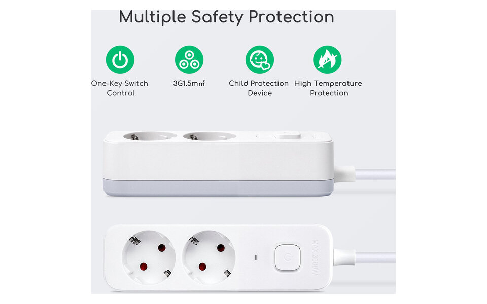 HLW LED Aigi Antris Power Strip with Switch - 3680W LED Accessories, 2 Sockets & 1.5m Extension Cord