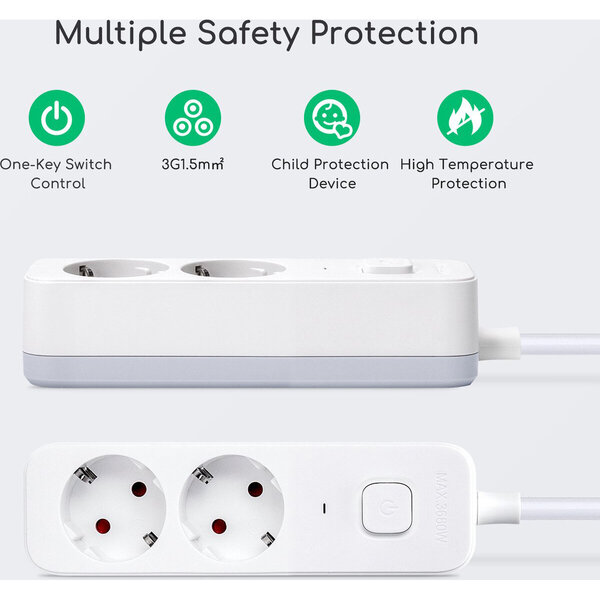 HLW LED Aigi Antris Power Strip with Switch - 3680W LED Accessories, 2 Sockets & 1.5m Extension Cord