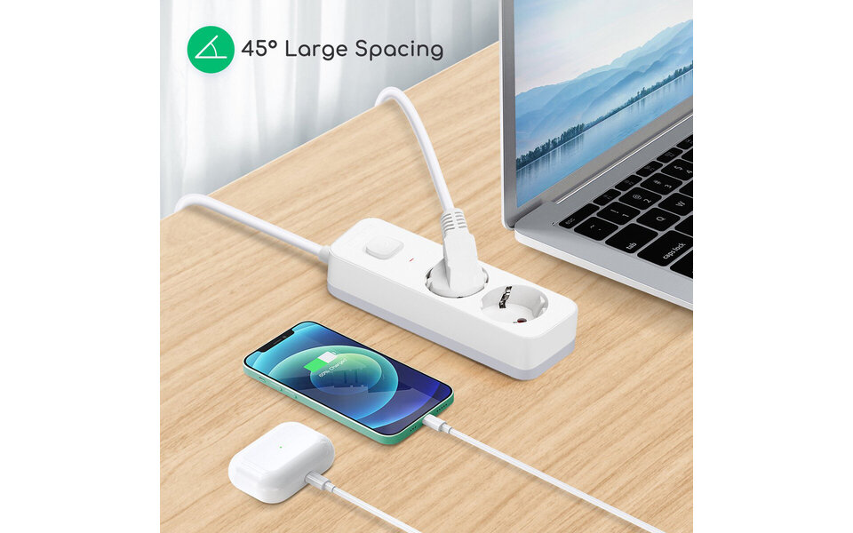 HLW LED Aigi Antris Power Strip with Switch - 3680W LED Accessories, 2 Sockets & 1.5m Extension Cord